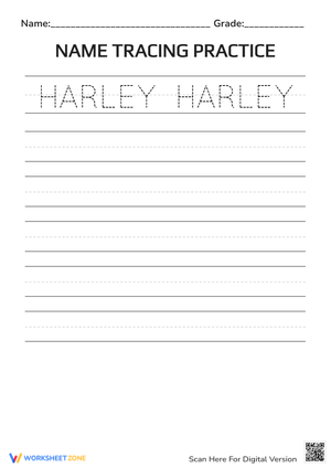 "Harley" Name Tracing Practice | Essential K-1 Worksheet