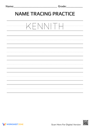 Tracing Name Worksheet for 'KENNITH'