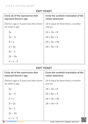 Algebraic Expressions & Translations Exit Ticket - Math Practice