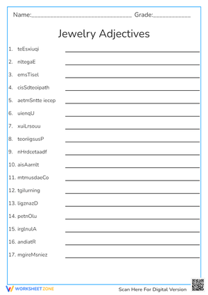 Jewelry adjectives word scramble