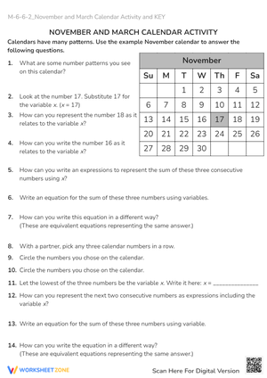 Calendar Math: Algebra & Number Patterns Worksheet