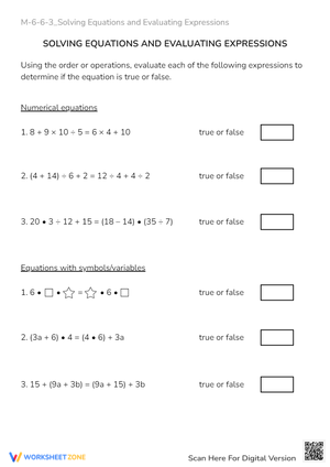 Solving Equations & Expressions: True or False Math Practice