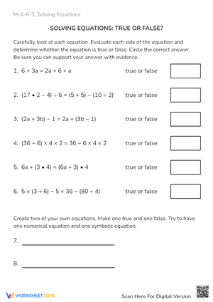 True or False Equations Worksheet - Algebra Practice (Grades 6-8)