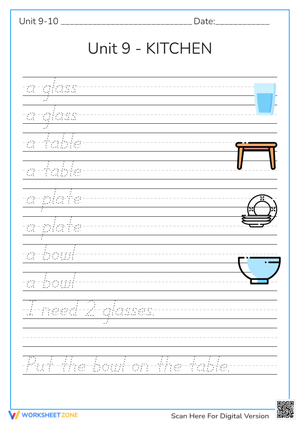 Kitchen Objects Writing Practice