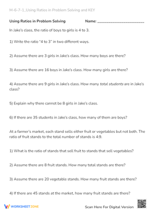 Ratios Word Problems: Class & Farmer's Market - Grades 6-7 Math