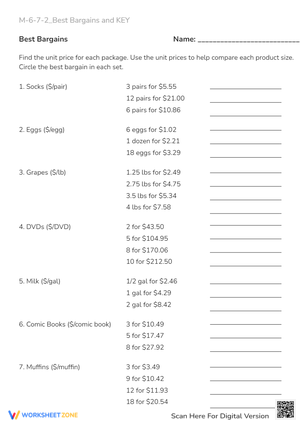 Best Bargains Math: Unit Price Worksheet (Grades 6-7)