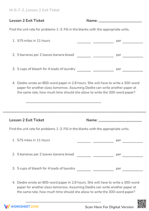 Unit Rate Practice: Lesson 2 Exit Ticket - Math Problems