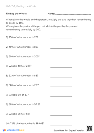 Percentage Problems: Finding the Whole Number - Math Worksheet