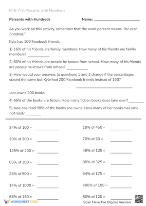 Percents with Hundreds: Word Problems & Calculations - Grades 6-7