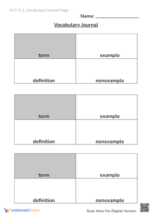 Math Vocabulary Journal Worksheet