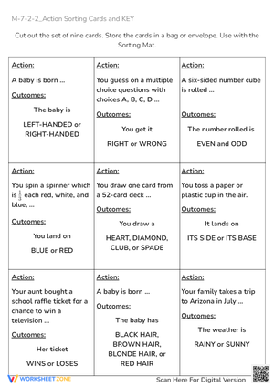 Probability Action Sorting Cards Worksheet