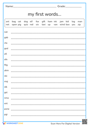 My First Words Phonics Practice - Spelling & Writing Worksheet