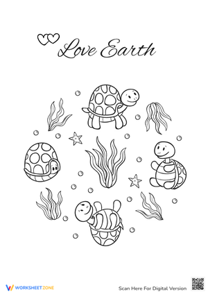 Earth Day Coloring Page with Cute Turtles