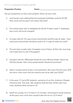 Proportion Word Problems - Math Practice Worksheet & Key