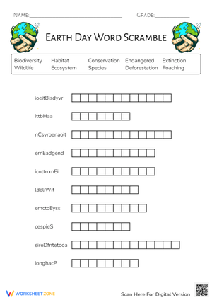 Earth Day Word Scramble - Environmental Vocabulary Puzzle (Grades 3-5)
