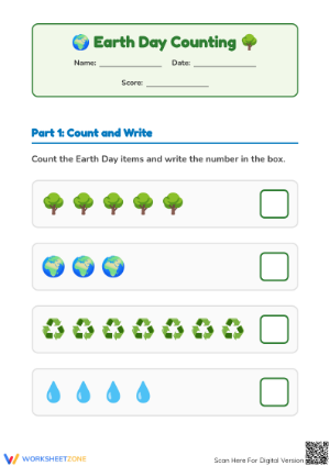 Printable Earth Day Counting Worksheet | Grade K