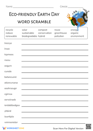 Earth Day Word Scramble - Eco-Friendly Vocabulary Puzzle Fun