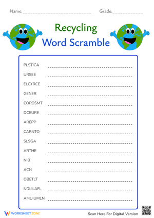 Recycling Word Scramble Worksheet - Earth Day Activity Fun