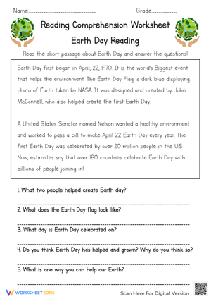 Earth Day Reading Comprehension - Grades 2-4 Printable Worksheet