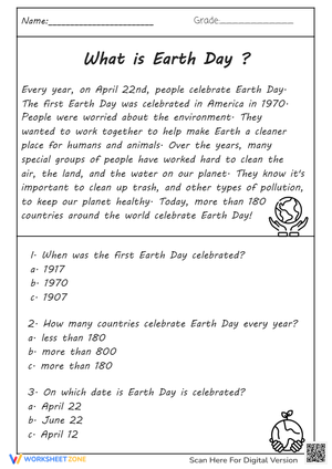 Earth Day Reading Comprehension - Grades 2-4 Worksheet