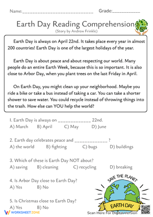 Earth Day Reading Comprehension - Grades 2-4 Printable Sheet
