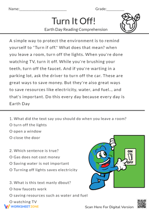 Earth Day Reading Comprehension - Turn It Off! Grades 1-3