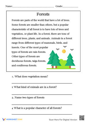Forests Reading Comprehension - Learn About Forest Animals & Plants
