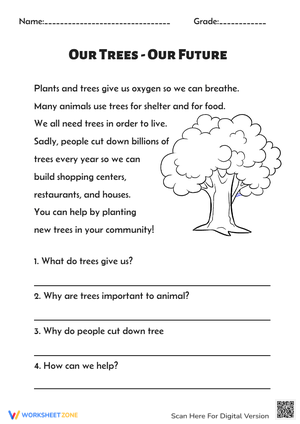 Our Trees - Our Future: Reading Comprehension Worksheet (Grades 1-3)
