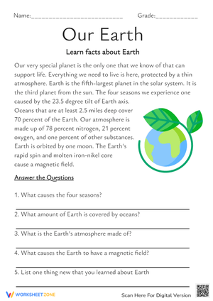 Our Earth Facts & Comprehension Worksheet - Learn About the Planet
