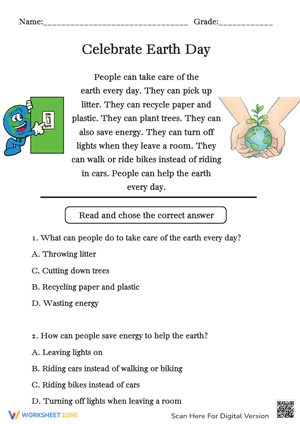 Earth Day Reading Comprehension - Grades 1-3 Environmental Actions