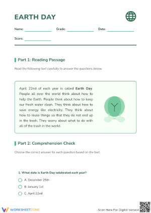 Grade 3 Earth Day Reading Comprehension | Printable