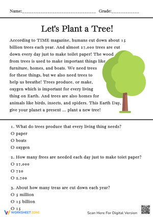 Plant a Tree! Reading Comprehension - Environment Worksheet