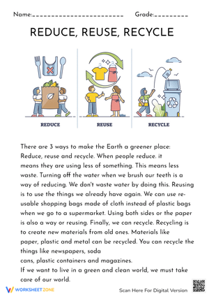 Reduce, Reuse, Recycle! Earth Day Reading Comprehension Worksheet