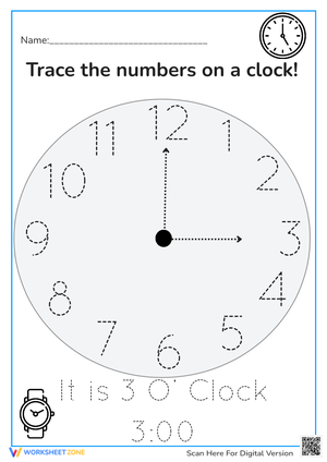 Clock Tracing Worksheet - Learn to Tell Time: 3 O'Clock!