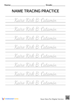 Cursive Name Tracing: 'Kairo Kirk B. Catamin'