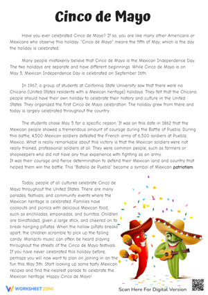 Cinco de Mayo Reading Comprehension - History & Traditions Worksheet