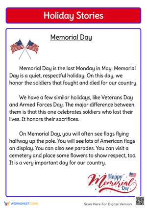 Memorial Day Reading Comprehension - Grades 2-4 Worksheet