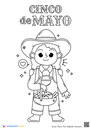 Cinco de Mayo Coloring Page - Cute Girl with Sombrero Printable
