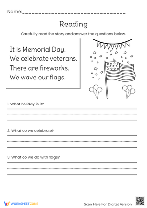 Memorial Day Reading Comprehension - Grades 1-3 Activity