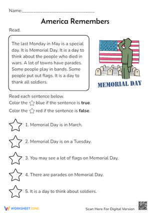 Memorial Day Reading Comprehension: True/False Coloring Activity