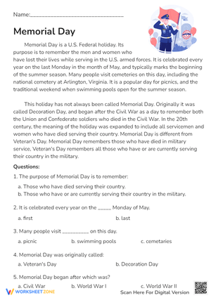 Memorial Day Reading Comprehension - History & Facts Worksheet
