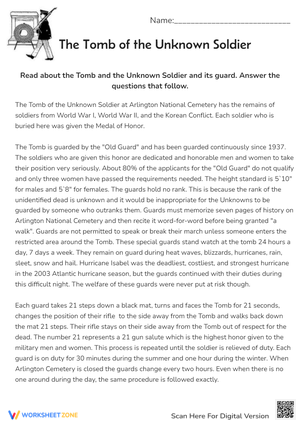 Tomb of the Unknown Soldier - Reading Comprehension Worksheet