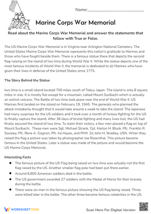 Marine Corps Memorial: Iwo Jima Reading Comprehension - True/False
