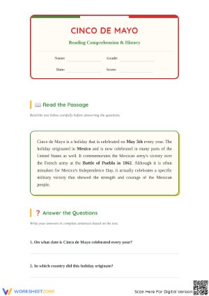 Cinco de Mayo Reading Comprehension | Grade 4 Essential