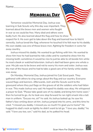 Memorial Day Story Reading Comprehension Worksheet