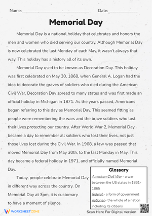 Memorial Day Reading Comprehension - History & Traditions (Grades 3-5)