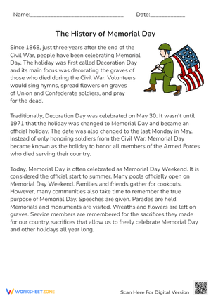 Memorial Day History Reading Comprehension - Printable Worksheet