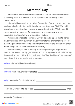 Memorial Day Reading Comprehension - History & Facts Worksheet
