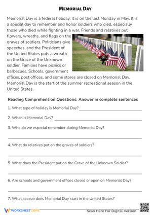 Memorial Day Reading Comprehension - Grades 2-4 Printable Sheet