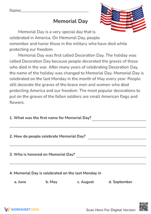 Memorial Day Reading Comprehension - Grades 2-4 History & Facts